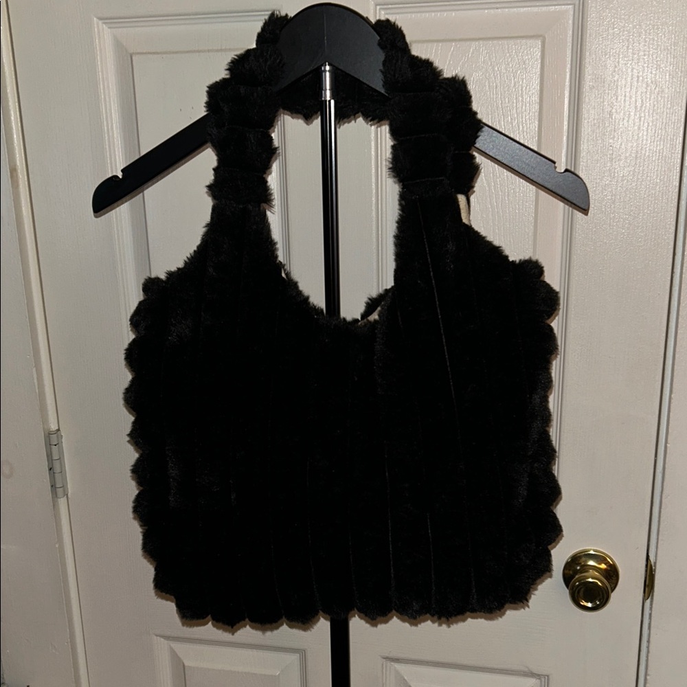 Black Faux Fur Shoulder Tote Bag, NWOT